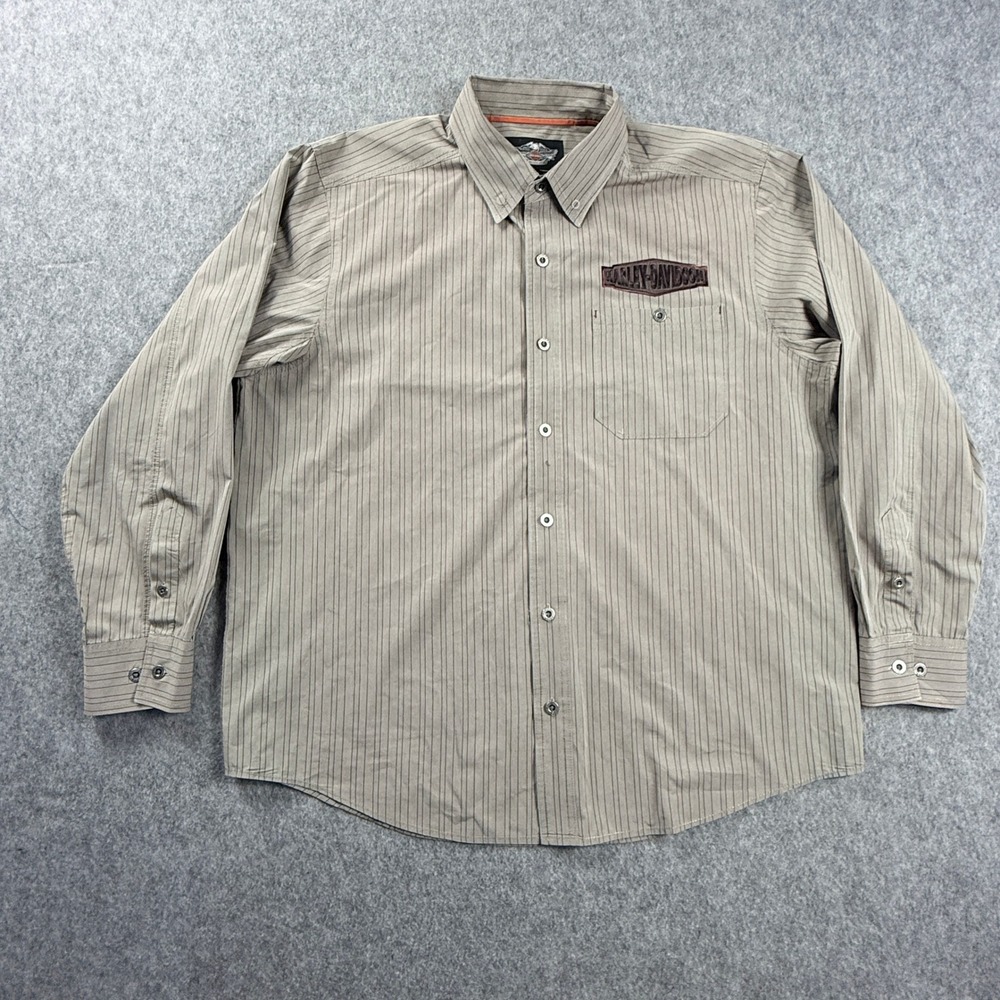 Harley-Davidson Mens Pinstripe Button Up Shirt XL H-D Performance Ventilated Tan